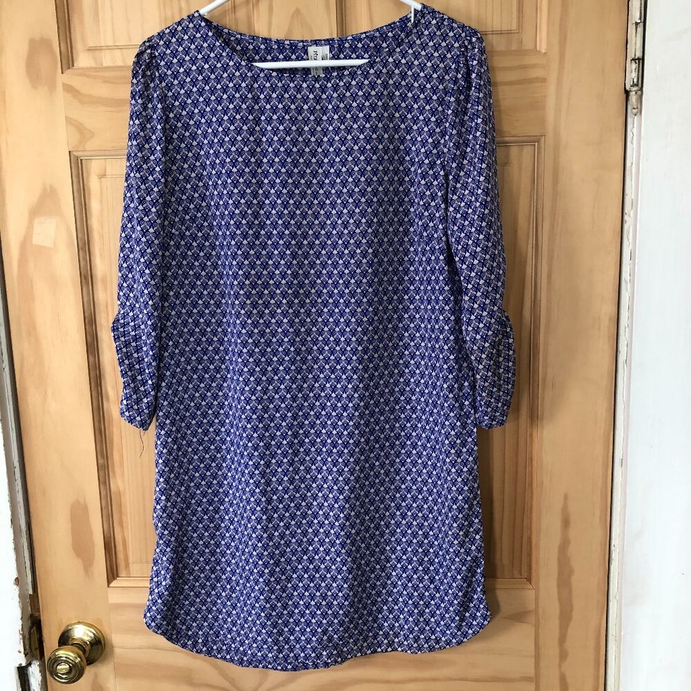 Blue and White Geometric Print Shift Dress by Pink Owl - Sz M - Mini Dress